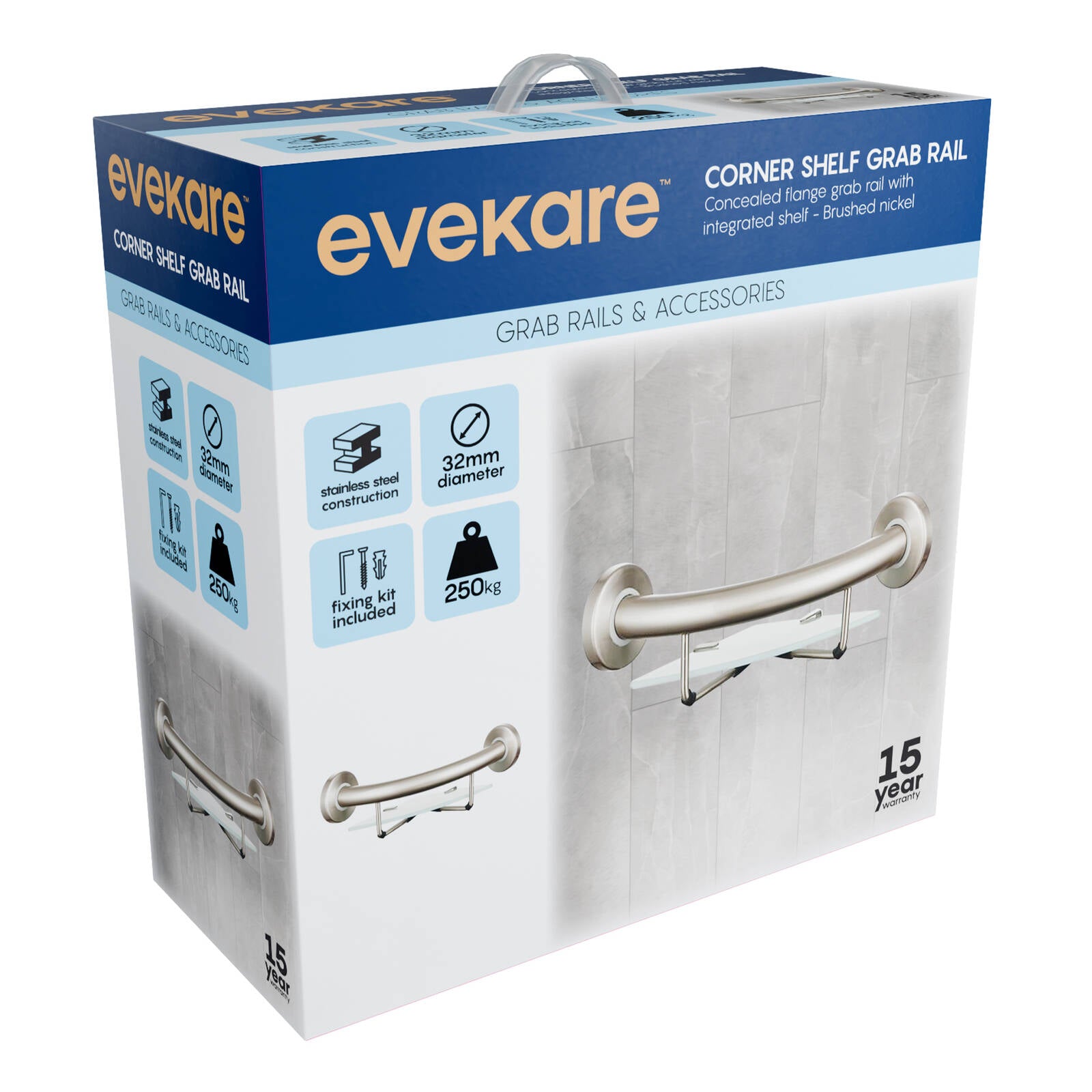 Evekare Brushed Nickel Corner Shelf with Grab Rail for Bathroom Support