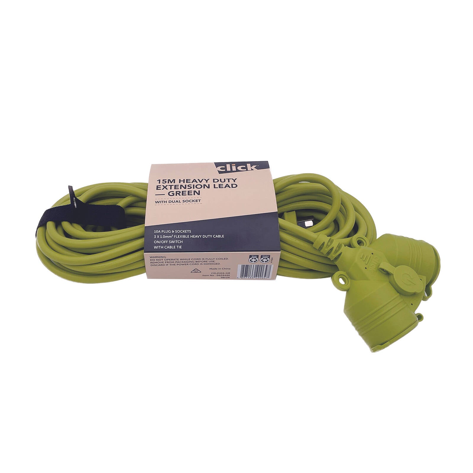 Click 15m Green Heavy Duty Extension Lead with Dual Socket 10A 2400W