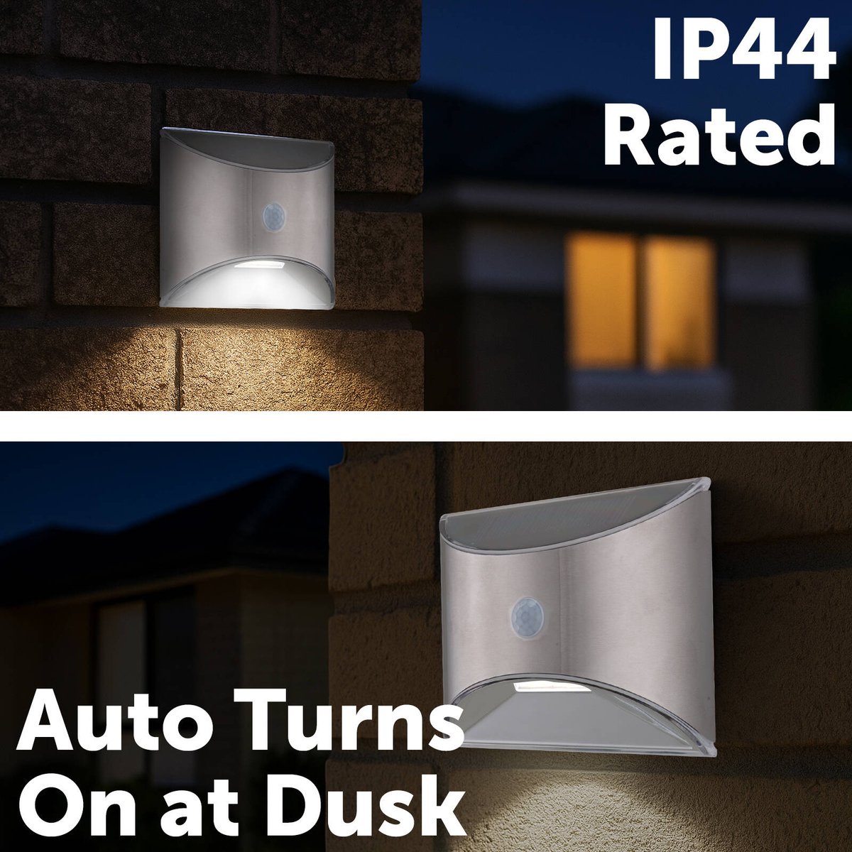 Arlec 100mm 50lm Brushed Chrome Solar LED Wall Light Motion Sensor LVS666SS