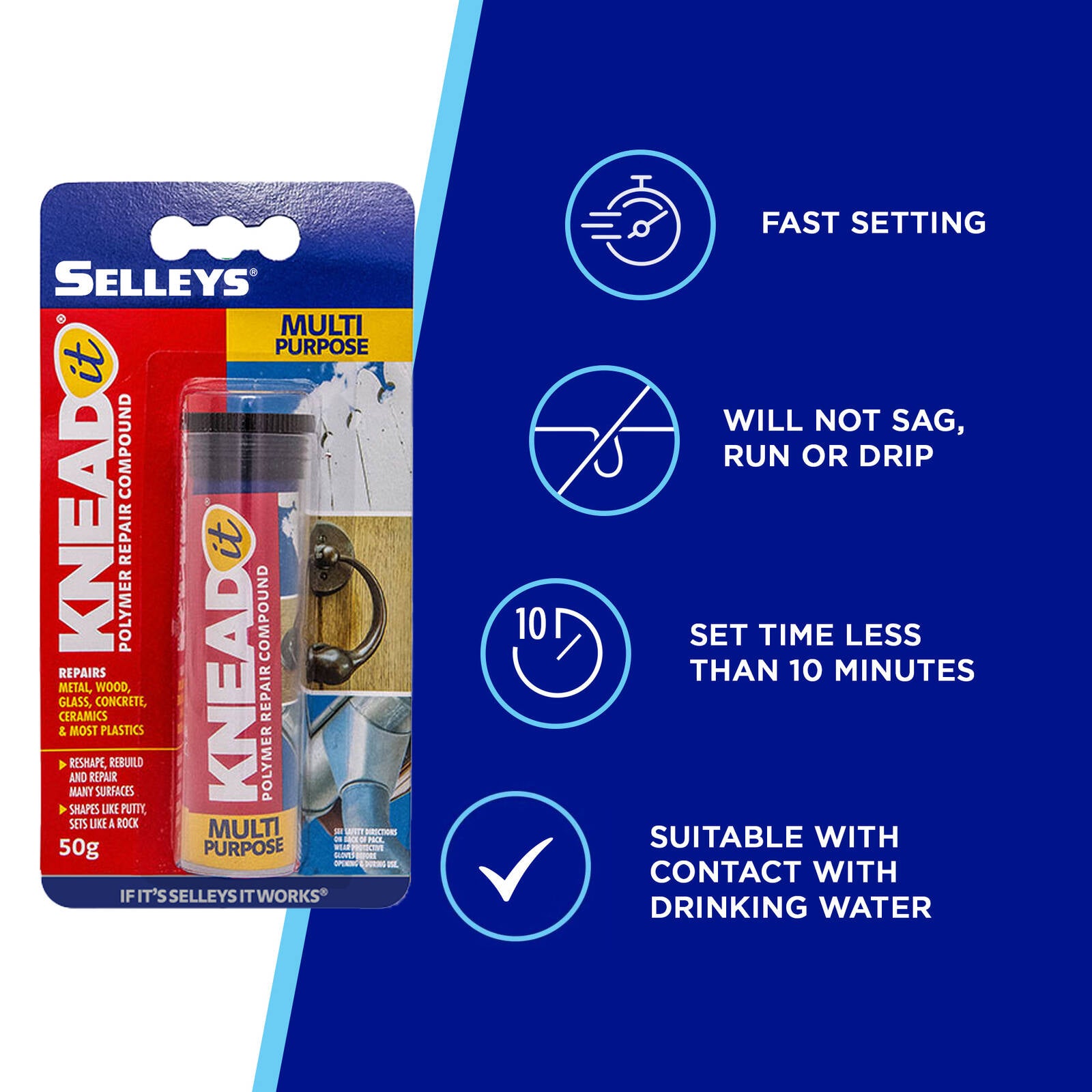 Selleys Knead It Multi Purpose Epoxy Putty 50g - Dries Grey for Indoor & Outdoor Repairs