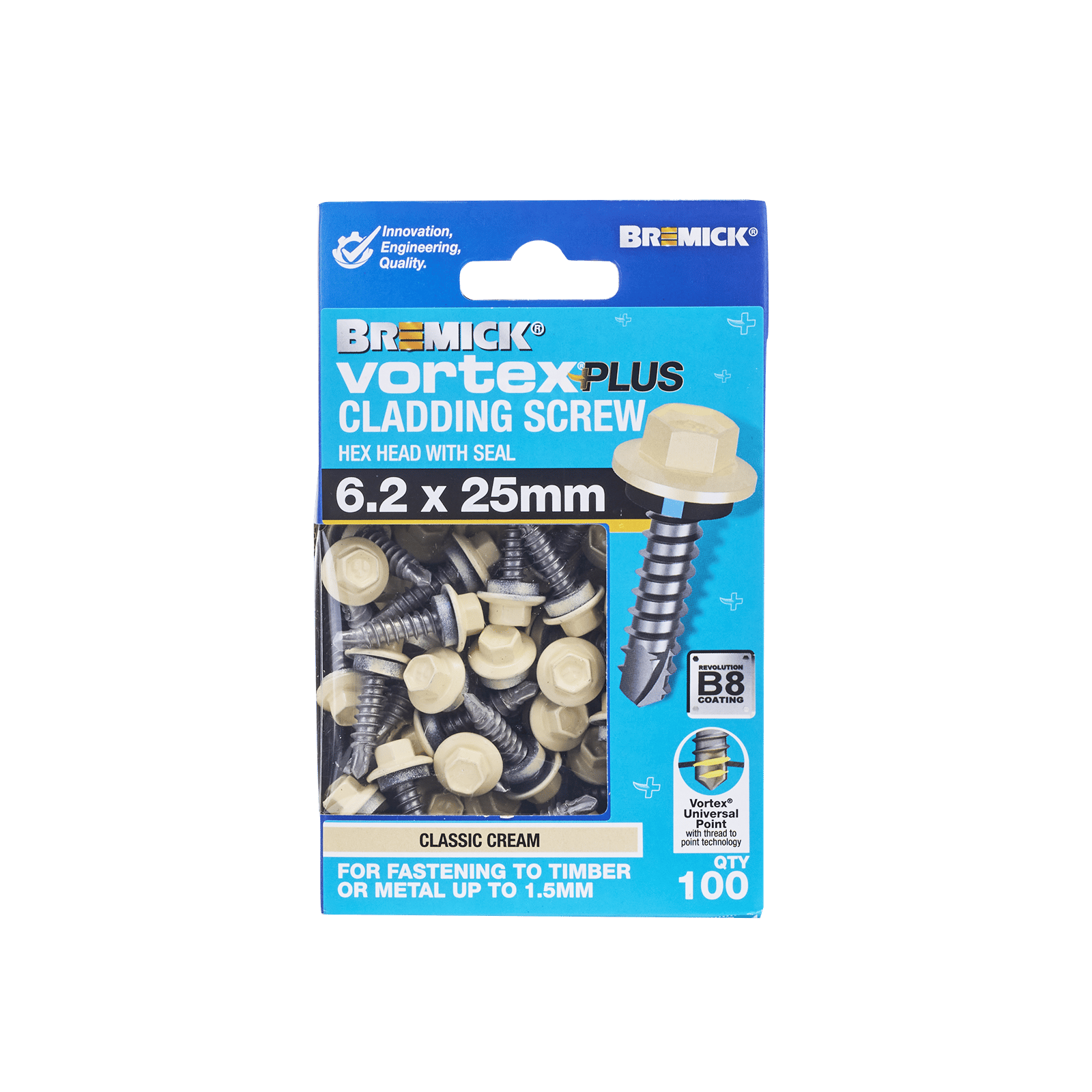 Bremick Vortex Plus 6.2 x 25mm Hex Cladding Screws B8 Classic Cream - 100 Pack