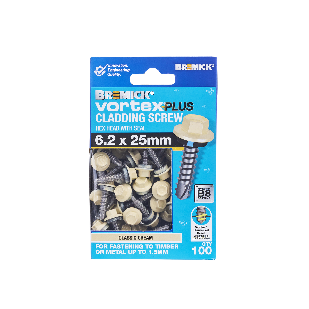 Bremick Vortex Plus Cladding Screw 6 2 x 25mm - Hex B8 - Box of 100 - Watertight - SuperSaverAU - view 2