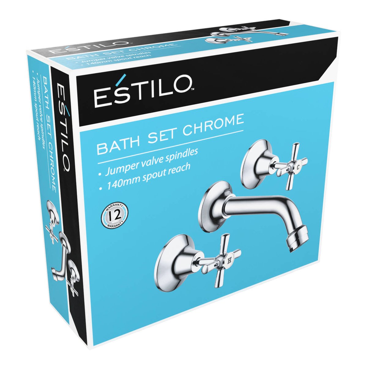 Estilo Chrome Brass Bath Set - 140mm Spout Reach, Cross Handles