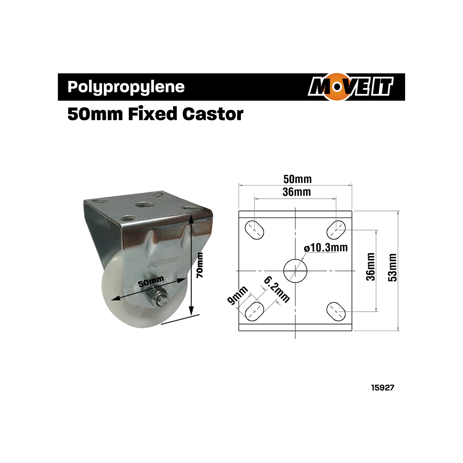 Move It 50mm White Polypropylene Fixed Plate Castor, Indoor, 40kg