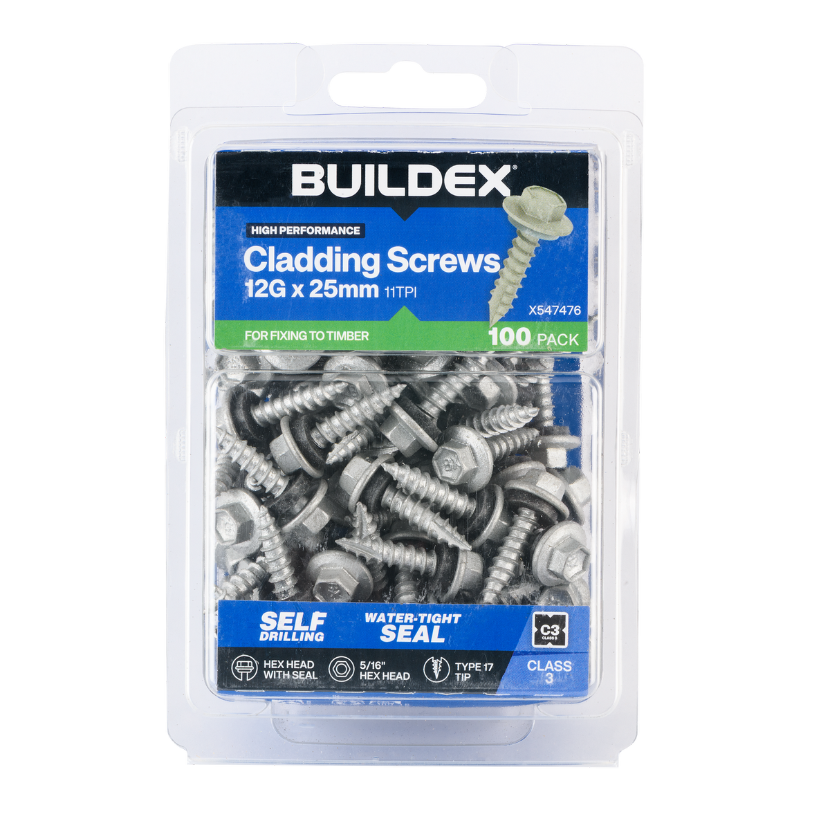 Buildex 12g x 25mm Class 3 Cladding Screws - 100 Pack - Zinc-Alloy - Type 17 - SuperSaverAU - view 1