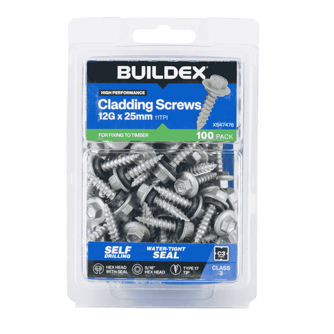 Buildex 12G x 25mm Class 3 Cladding Screws with Seal, Type 17 Hex Head - 100 Pack