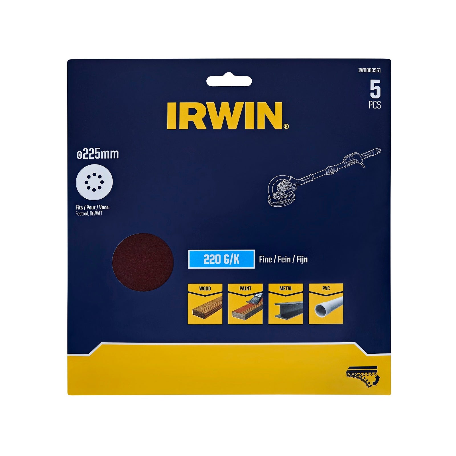 Irwin 225mm 180 Grit 8-Hole Quick Fit Drywall Sanding Discs - 5 Pack
