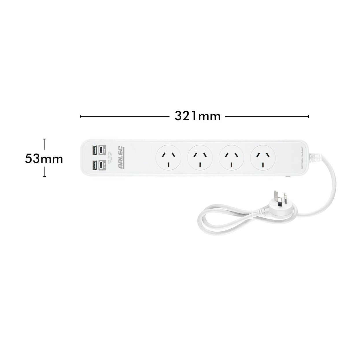 Arlec 4 Outlet Powerboard with USB-A and USB-C Charging 0.9m White PB4U4C