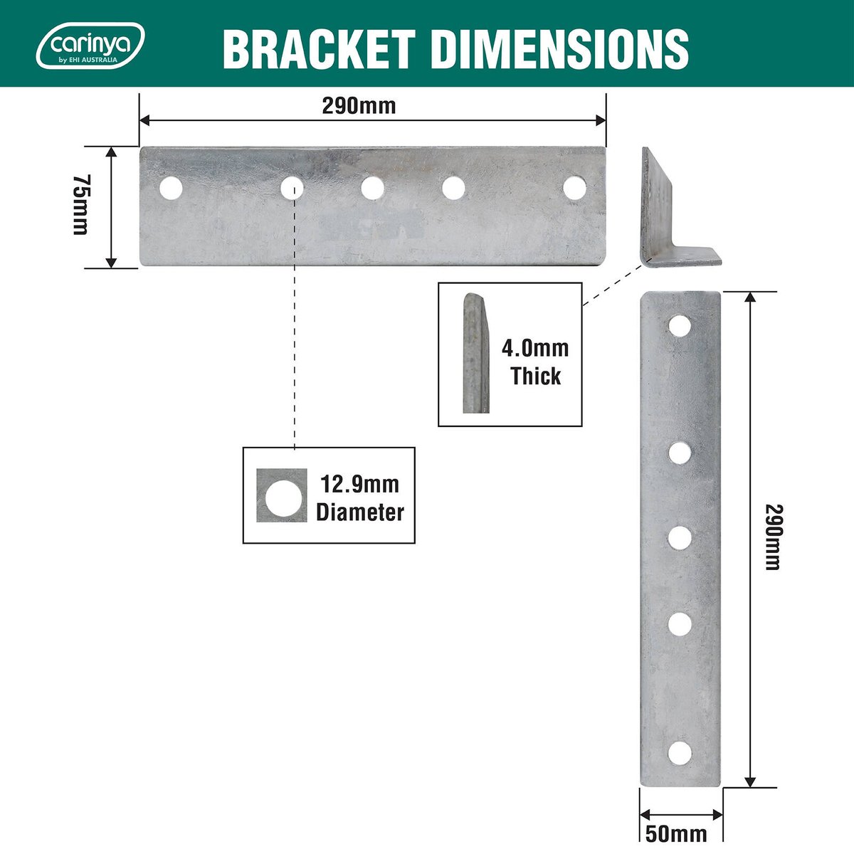 Carinya 290 x 75 x 50 x 4mm Hot Dipped Galvanised Steel Reinforcing Angle Bracket