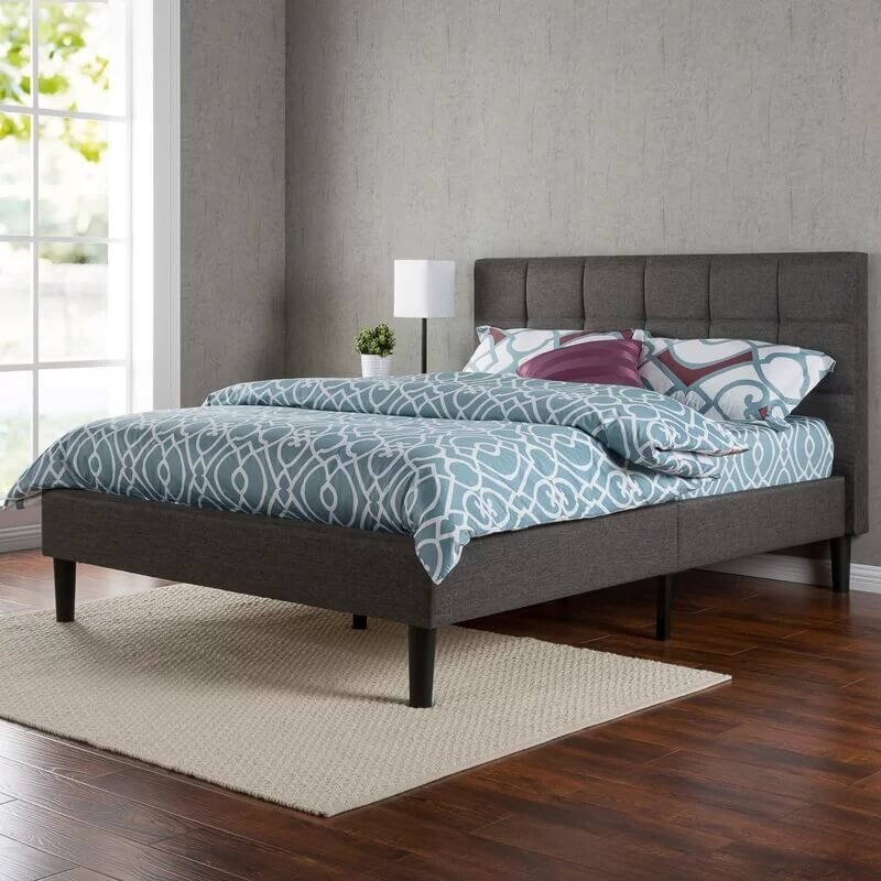 Zinus Lottie Deluxe queen upholstered bed frame - dark grey, slatted support, padded headboard - AU-FSPB-Q