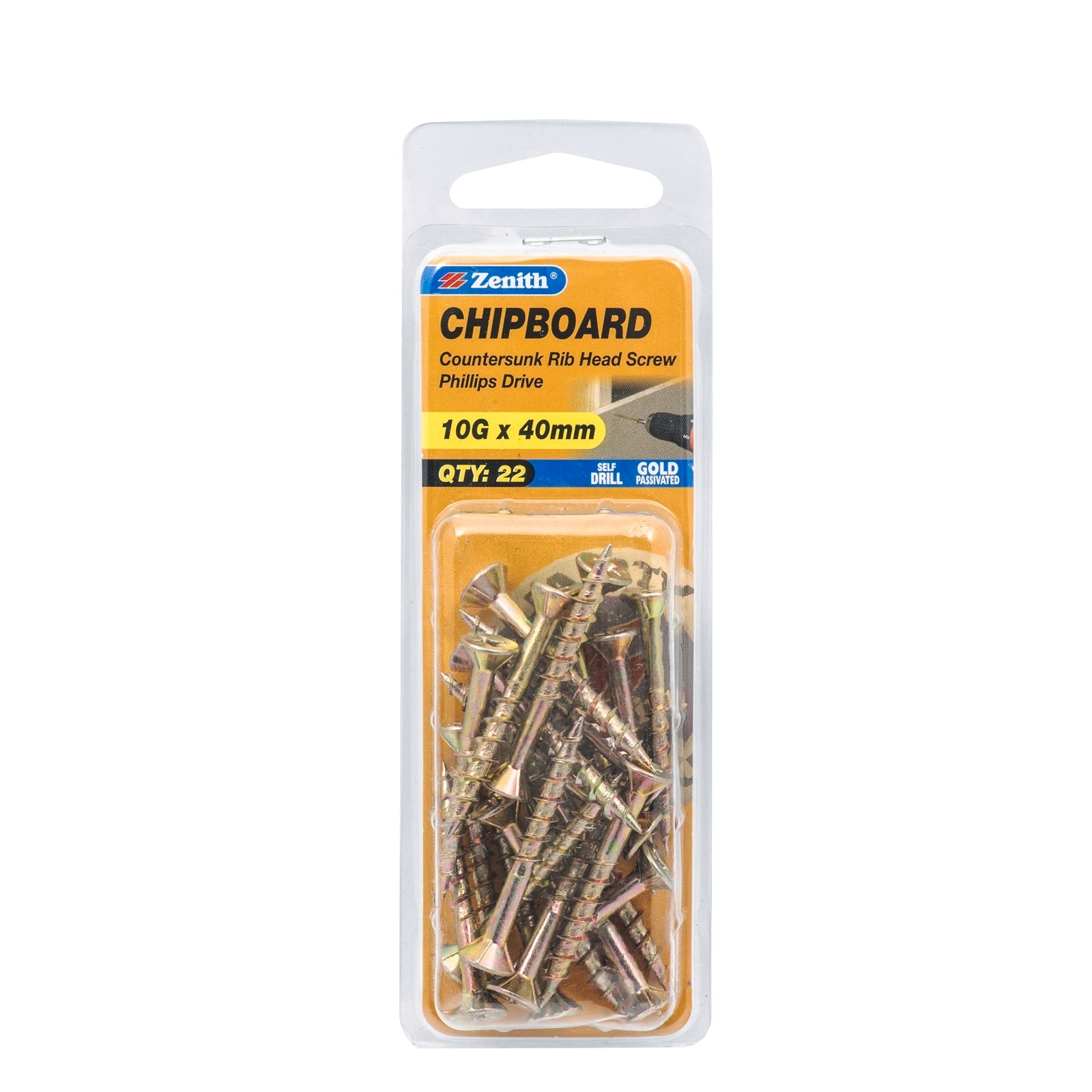 Zenith 10G x 40mm Gold Passivated Countersunk Rib Head Chipboard Screws - 22 Pack