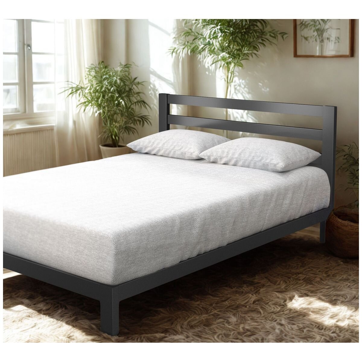 Zinus Arnav queen heavy duty black metal bed frame - flat wooden slats, 250kg capacity - AU-ASMPH-20Q