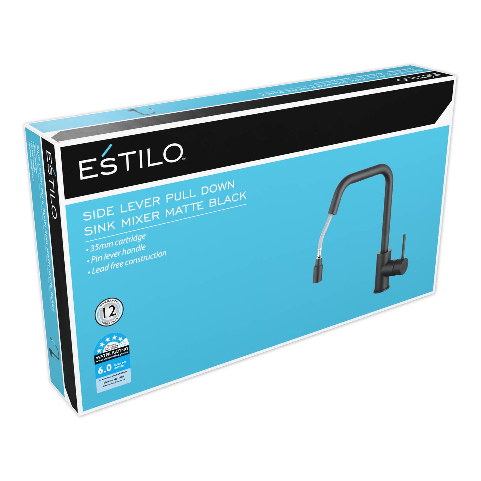 Estilo 35mm Matte Black Brass Side Lever Pull Down Sink Mixer - 6L/Min, WELS 5 Star