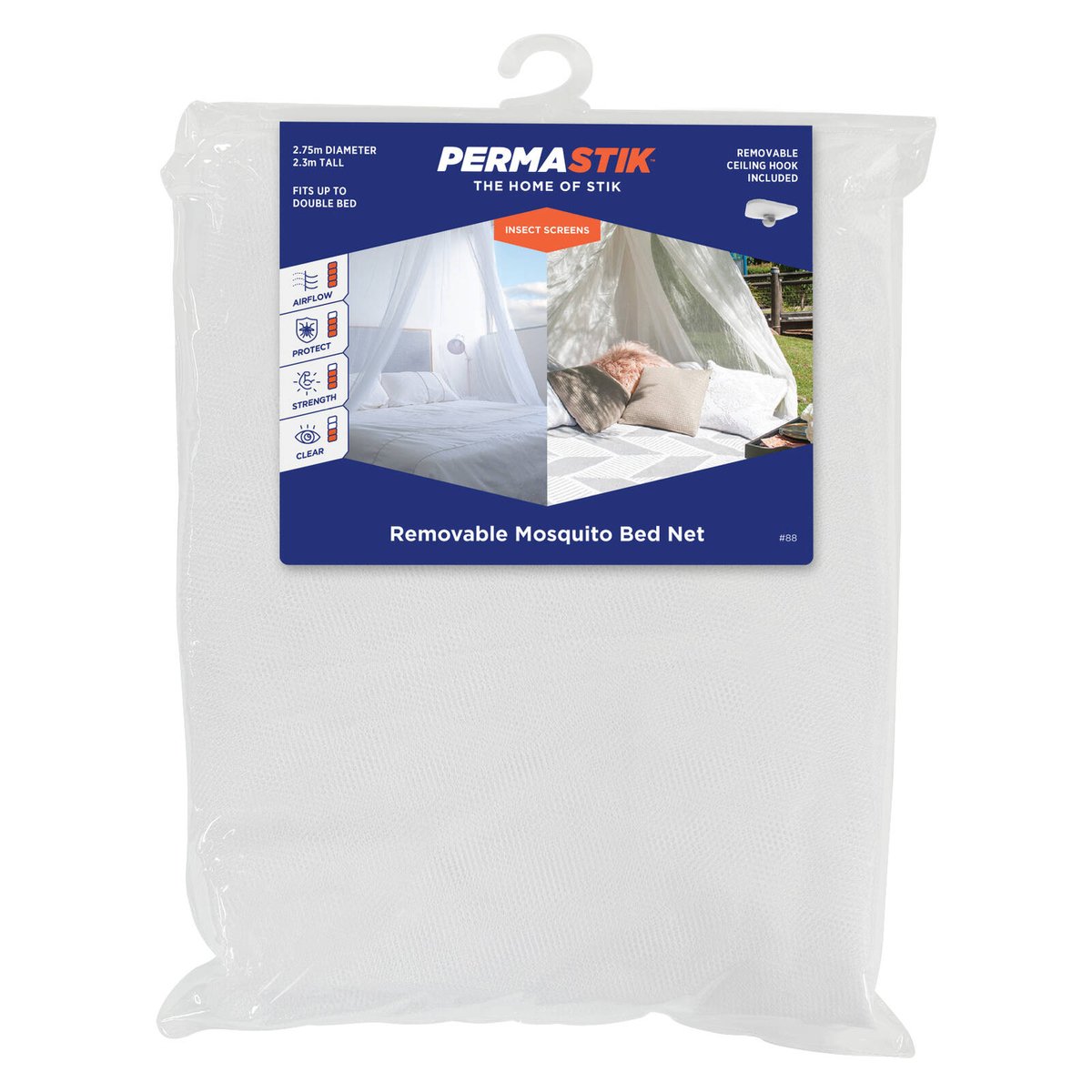 Permastik 2.3m x 2.75m White Mosquito Bed Net Kit - Polyester with Ceiling Hook