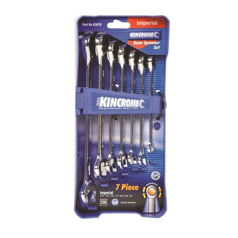 Kincrome 7 Piece Imperial Geared Spanner Set, Chrome Vanadium Steel, 12 Point Ratcheting, with Case