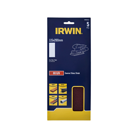 Irwin 115 x 280mm 80 Grit 1/2 Un-Punched Sand Sheets - 5 Pack