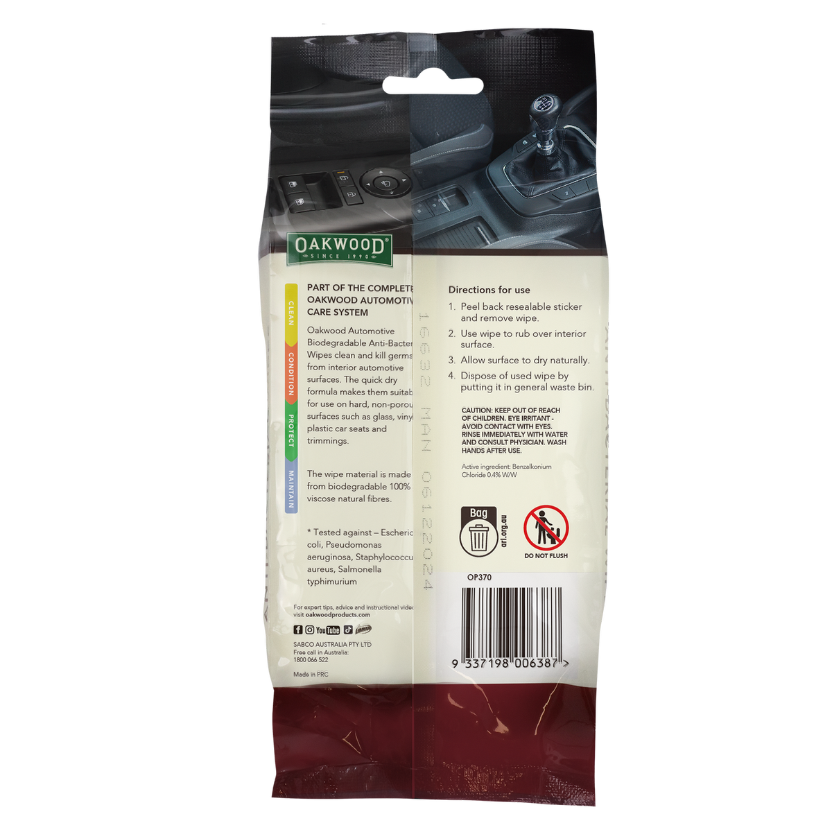 Oakwood Anti Bacterial Wipe - 200 x 150mm - 40 Pack - Biodegradable - Quick-Drying - SuperSaverAU - view 2