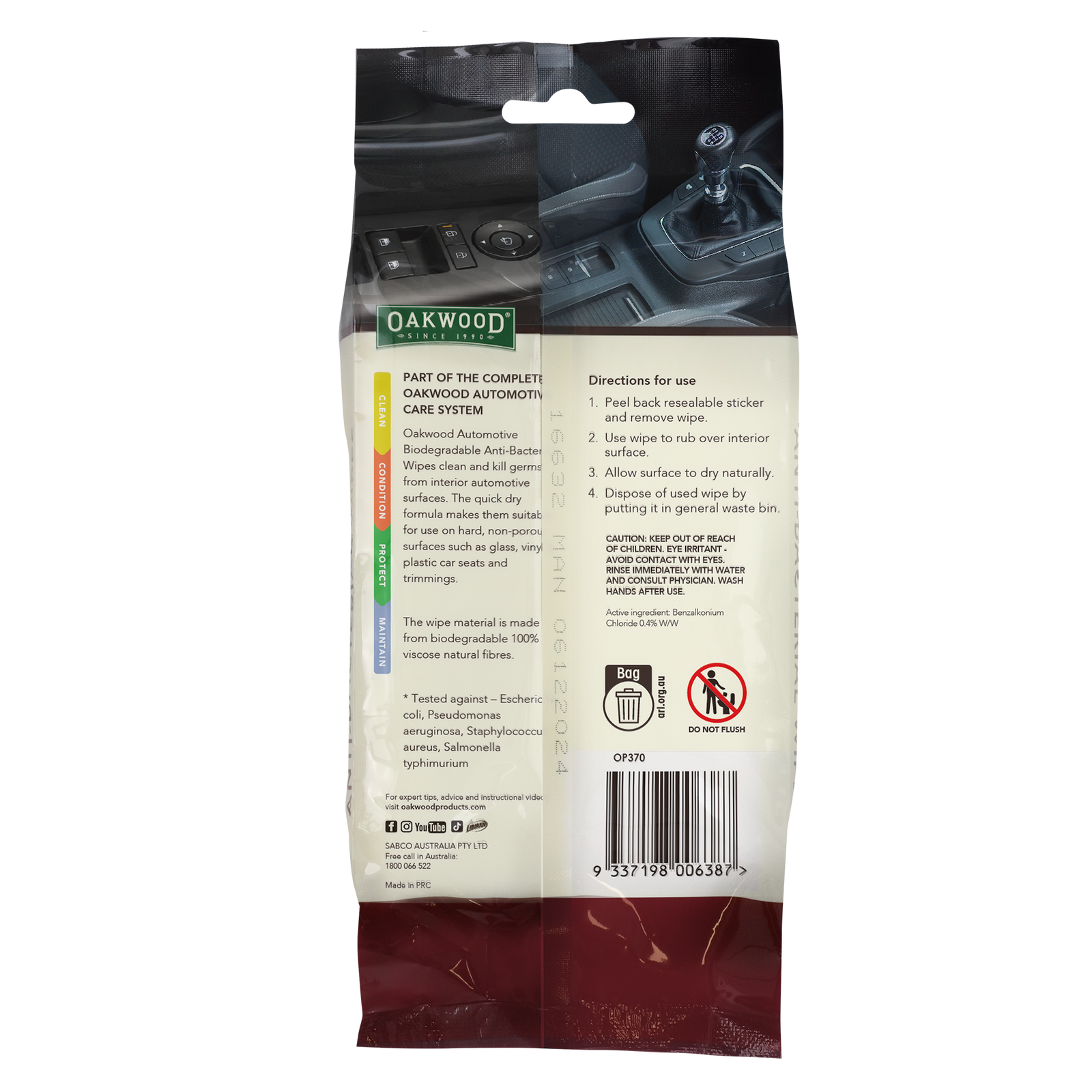 Oakwood 200 x 150mm Biodegradable Anti-Bacterial Wipe - 40 Pack