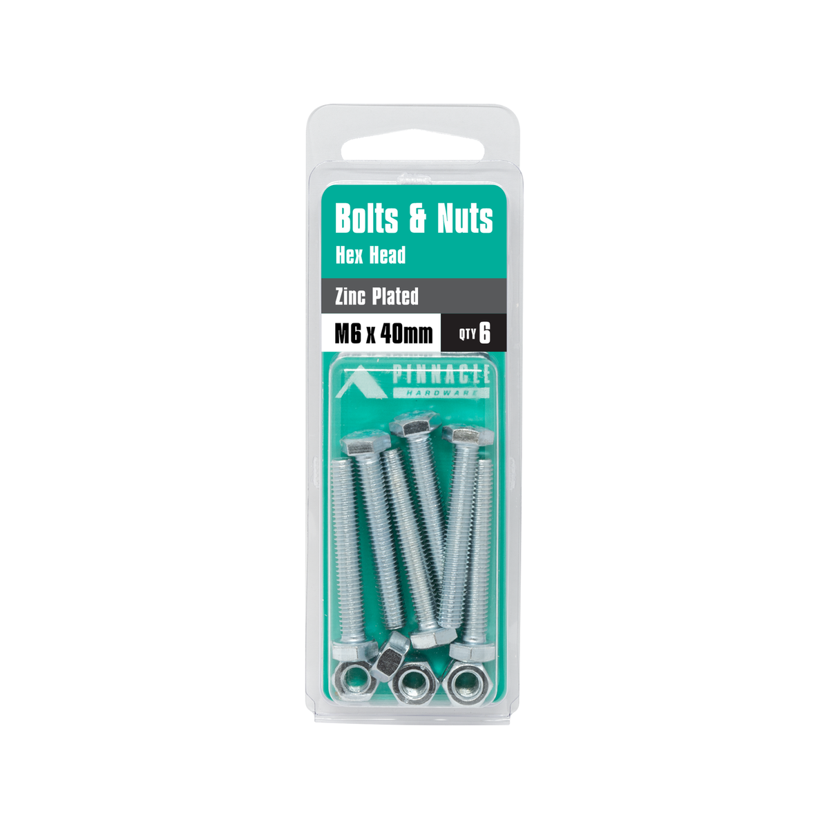 Pinnacle M6 x 40mm Zinc Plated Hex Head Bolts and Nuts - 6 Pack