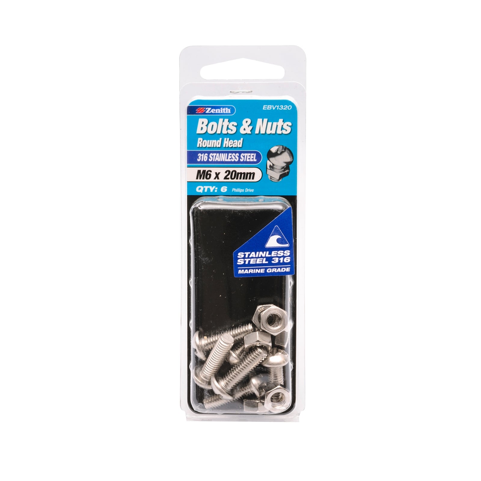 Zenith M6 x 20mm 316 Stainless Steel Round Head Bolt and Nut - 6 Pack