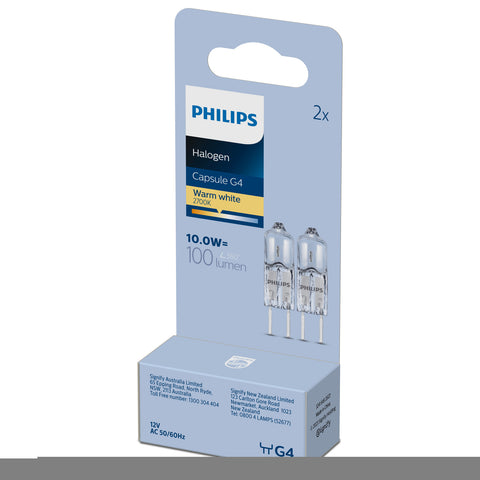 Philips G4 Halogen Capsule 10W Clear 100lm Dimmable 2 Pack