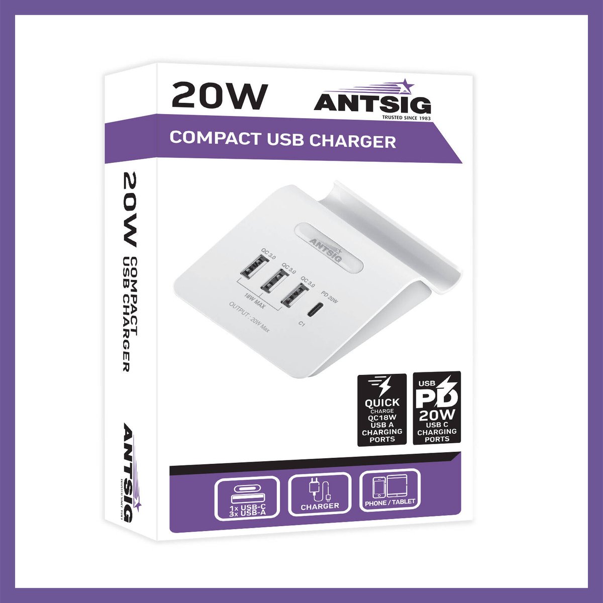 Antsig 20W Compact USB Charger - 3x QC 3.0 USB-A + USB-C PD, Device Holder AP3034B