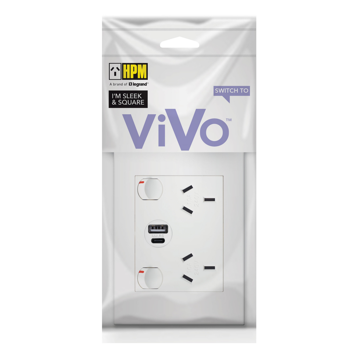 HPM VIVO White Double Powerpoint with Type A+C 15W USB Charger, 10A 240V
