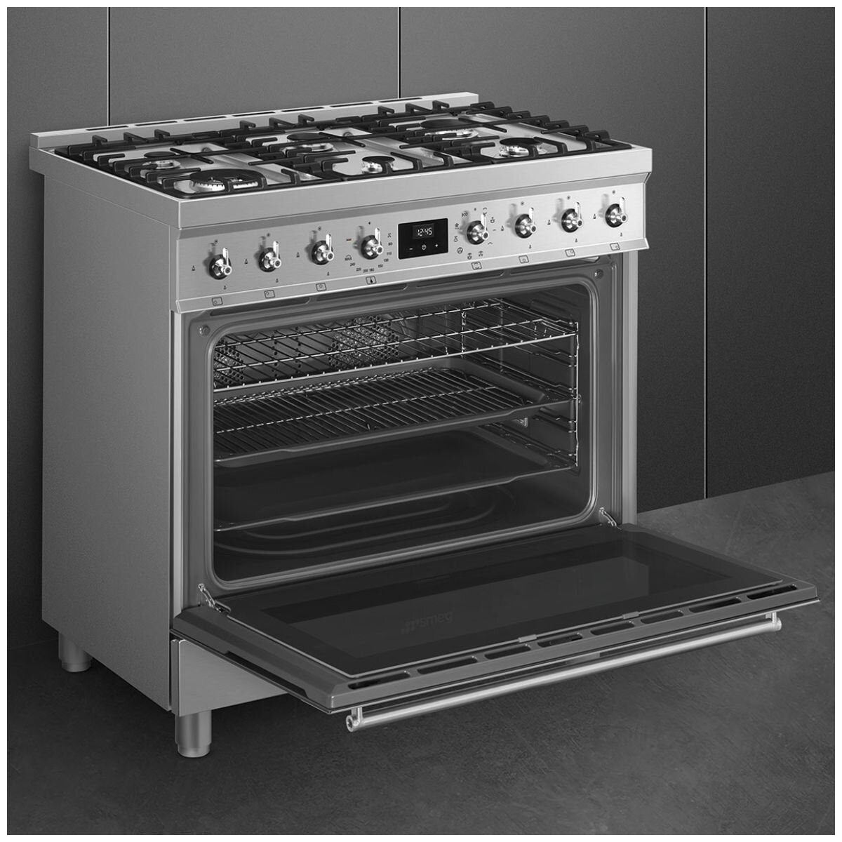 Smeg 90cm Dual Fuel Pyrolytic Freestanding Oven - Six Burner Gas Cooktop, Stainless Steel - CSP9GMXA2