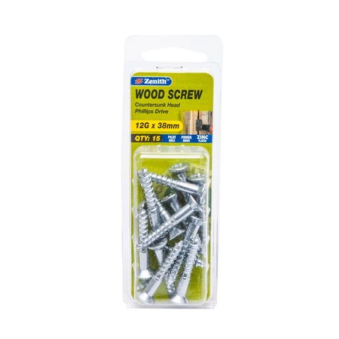 Zenith 12G x 38mm Zinc Plated Countersunk Head Wood Screws, Needle Point, 15 Pack