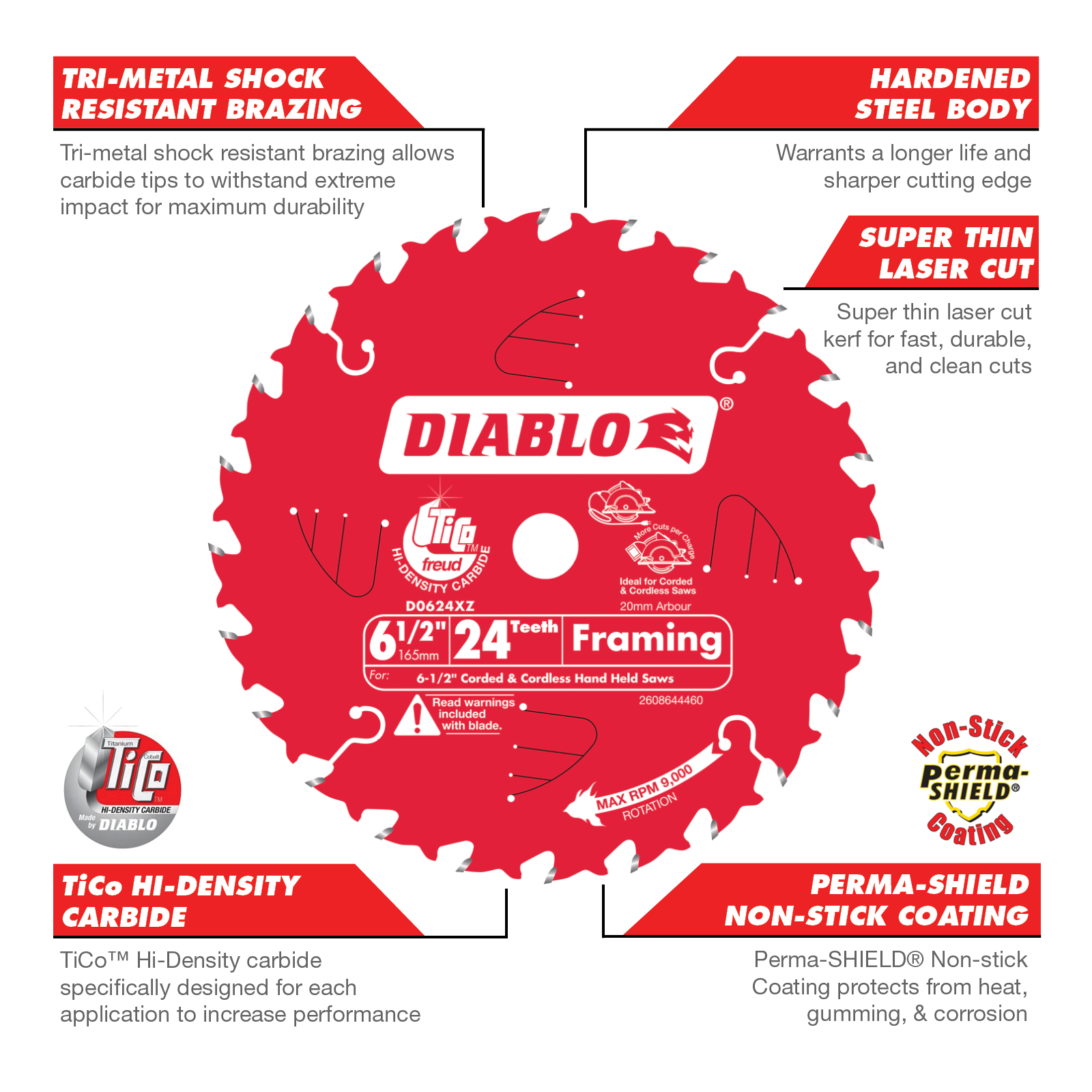 Diablo 165mm 24T General Purpose Circular Saw Blade - 20mm Arbor for Cordless Saws