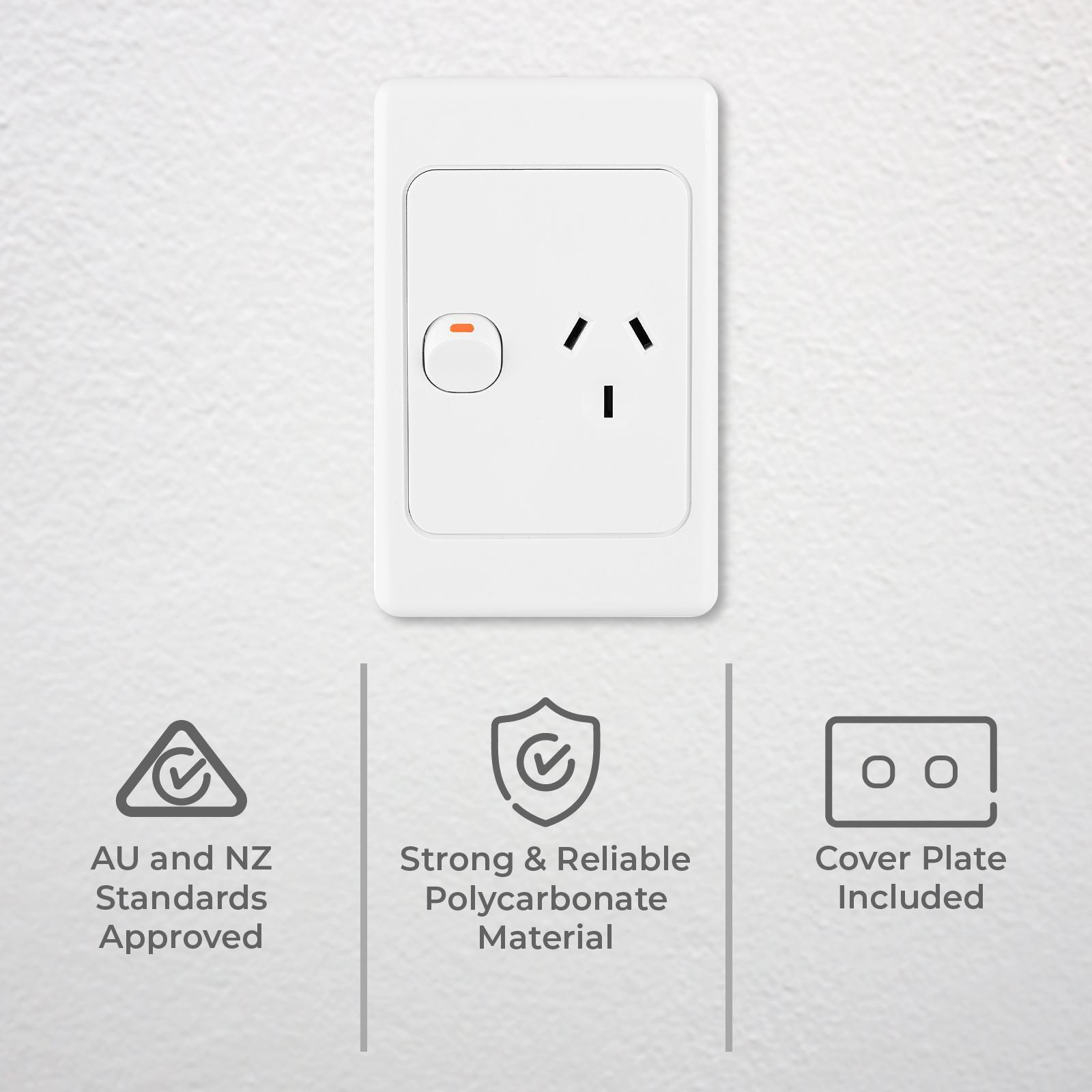 DETA Vertical Single Power Point, White Polycarbonate, 240V 10A, Architrave