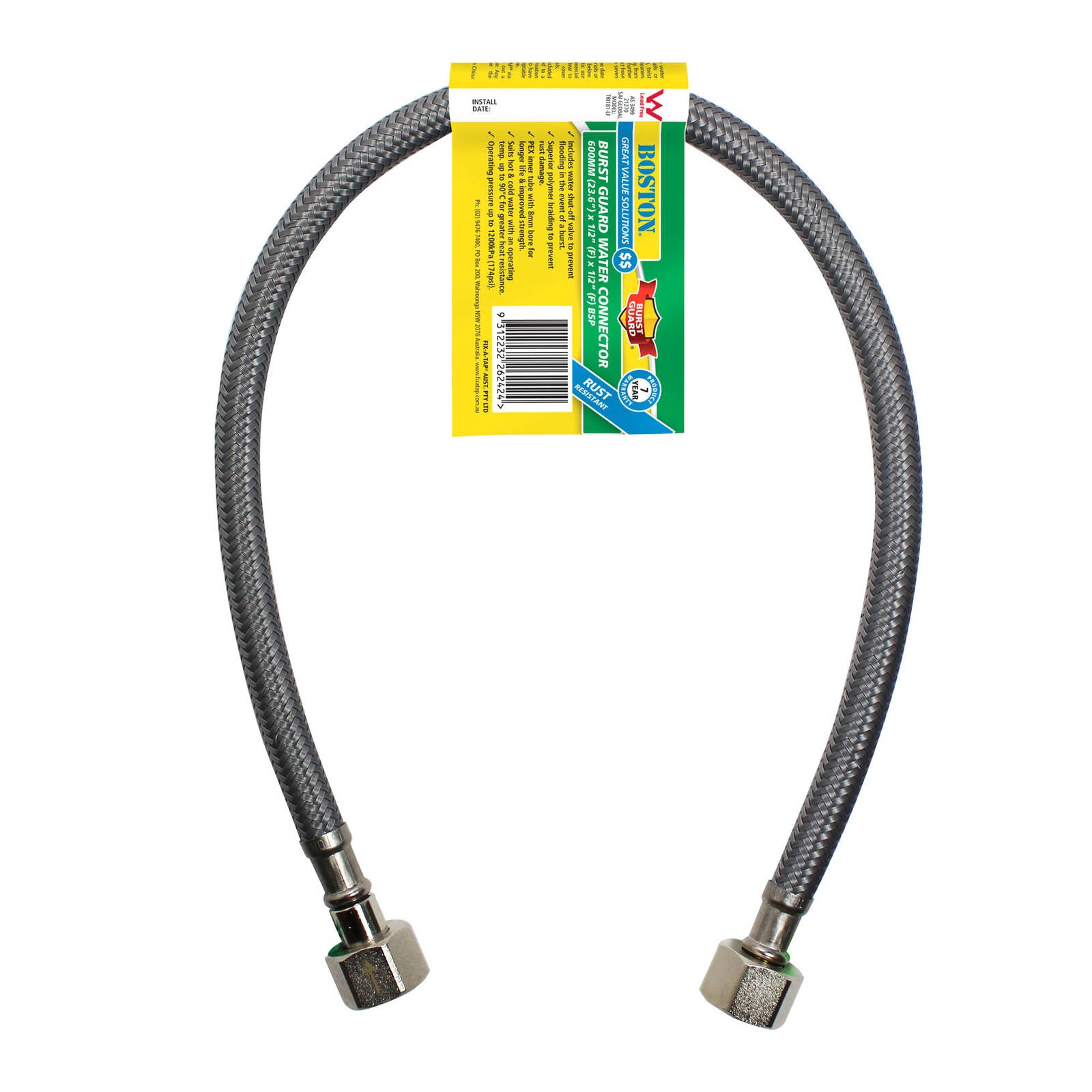 Boston Burst Guard Plus Lead Free Water Connector 600mm Flexible Braided Hose