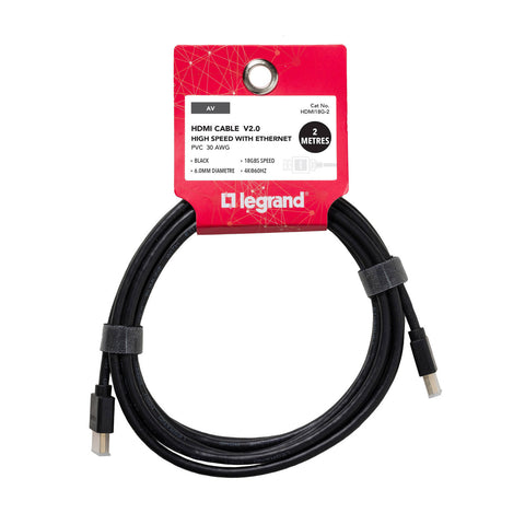 Legrand V2.0 High Speed HDMI Cable With Ethernet 2m Black 18Gb/s 4K 60Hz