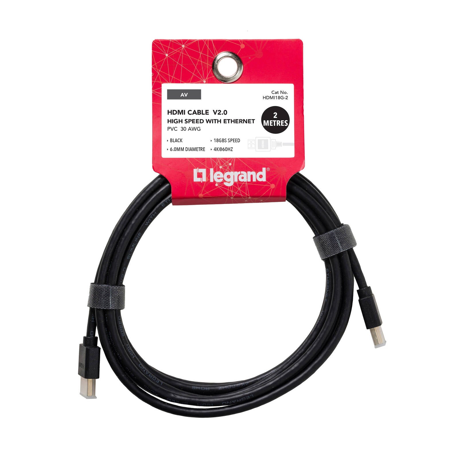 Legrand V2.0 High Speed HDMI Cable With Ethernet 2m Black 18Gb/s 4K 60Hz
