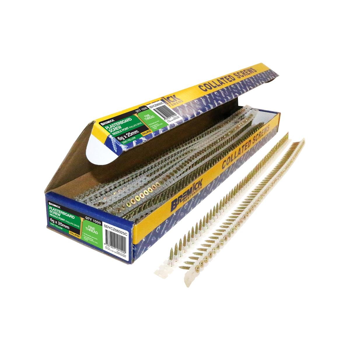 Bremick 6g x 25mm Zinc Yellow Fine Collated Screws 1000 Pack