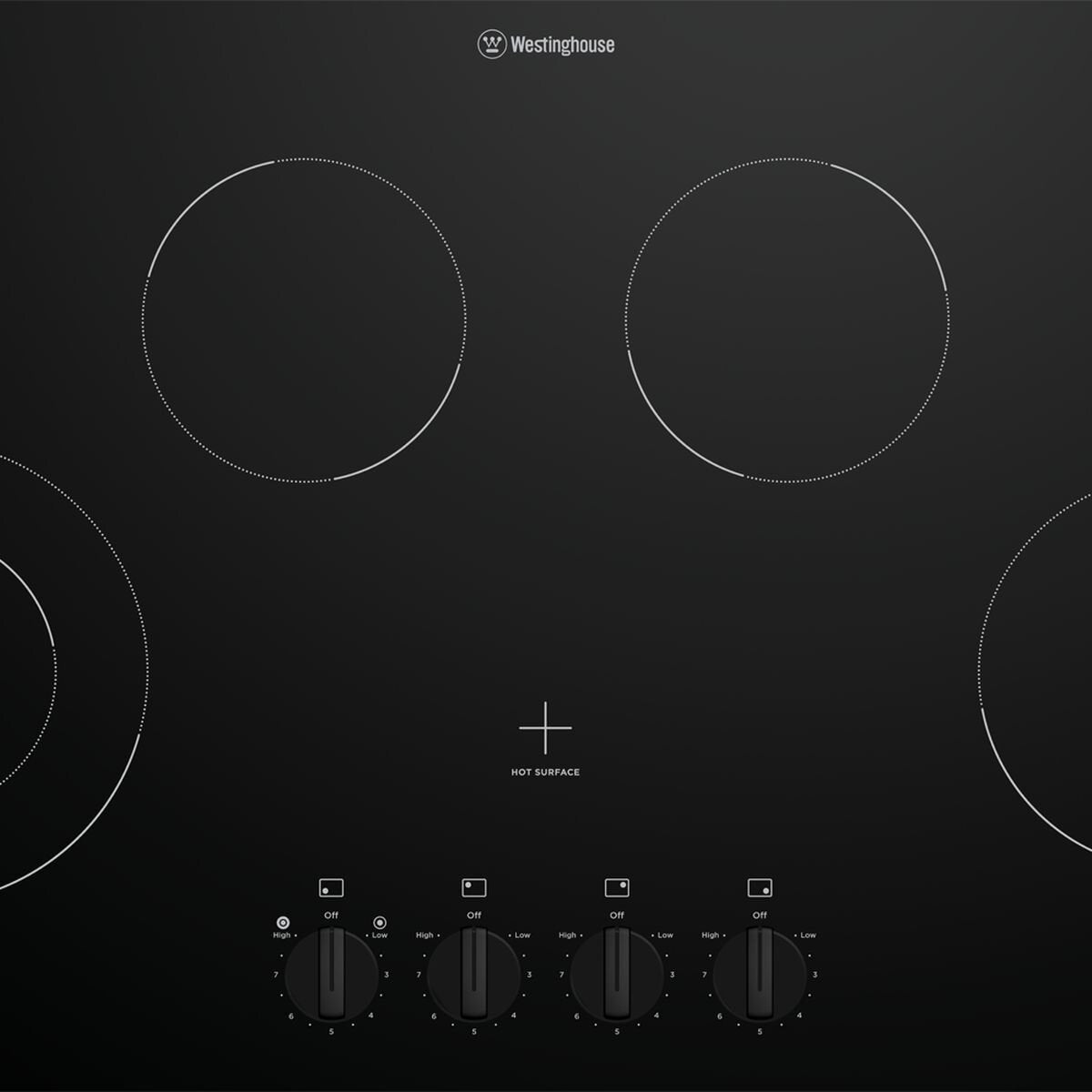 Westinghouse 90cm 4 Zone Ceramic Cooktop - Dual Zone, 2.2kW Zone, 9 Power Levels, Dial Control - WHC942BC