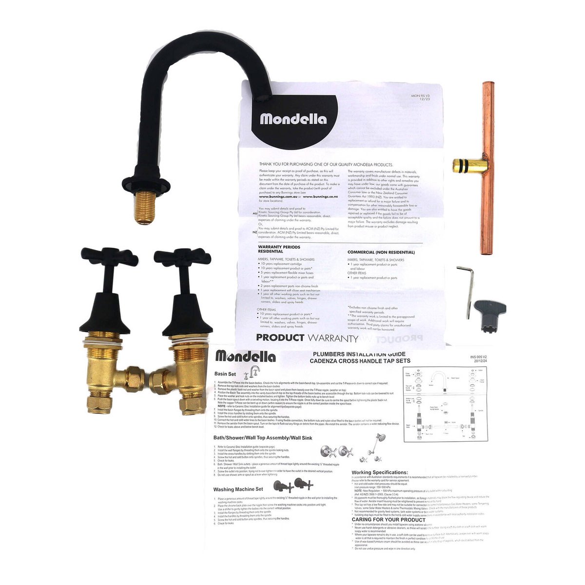 Mondella Cadenza Matte Black 1/2 Turn Basin Set, Cross Handles, Brass, 7.5L/min WELS 4 Star