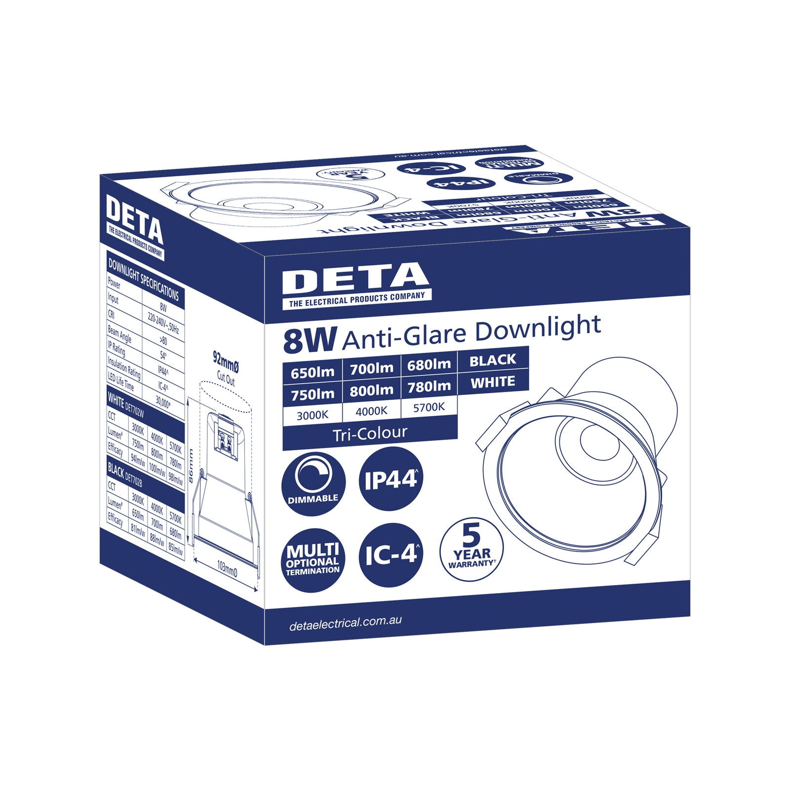 DETA 8W White IP44 Tri-Colour Dimmable Anti-Glare LED Downlight DET702W