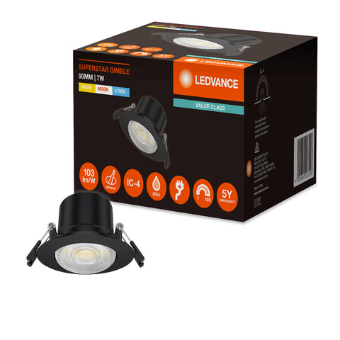 Ledvance 7W LED Gimble Downlight 90mm Black Tri-Colour Dimmable Plug-In Indoor