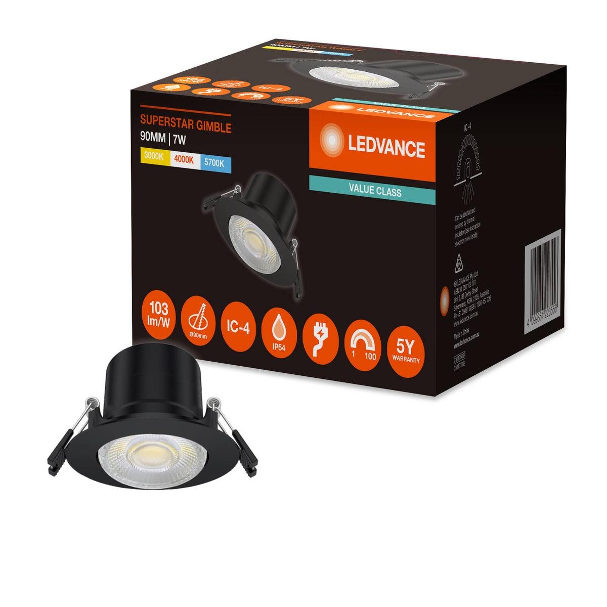 Ledvance 7W LED Gimble Downlight 90mm Black Tri-Colour Dimmable Plug-In Indoor
