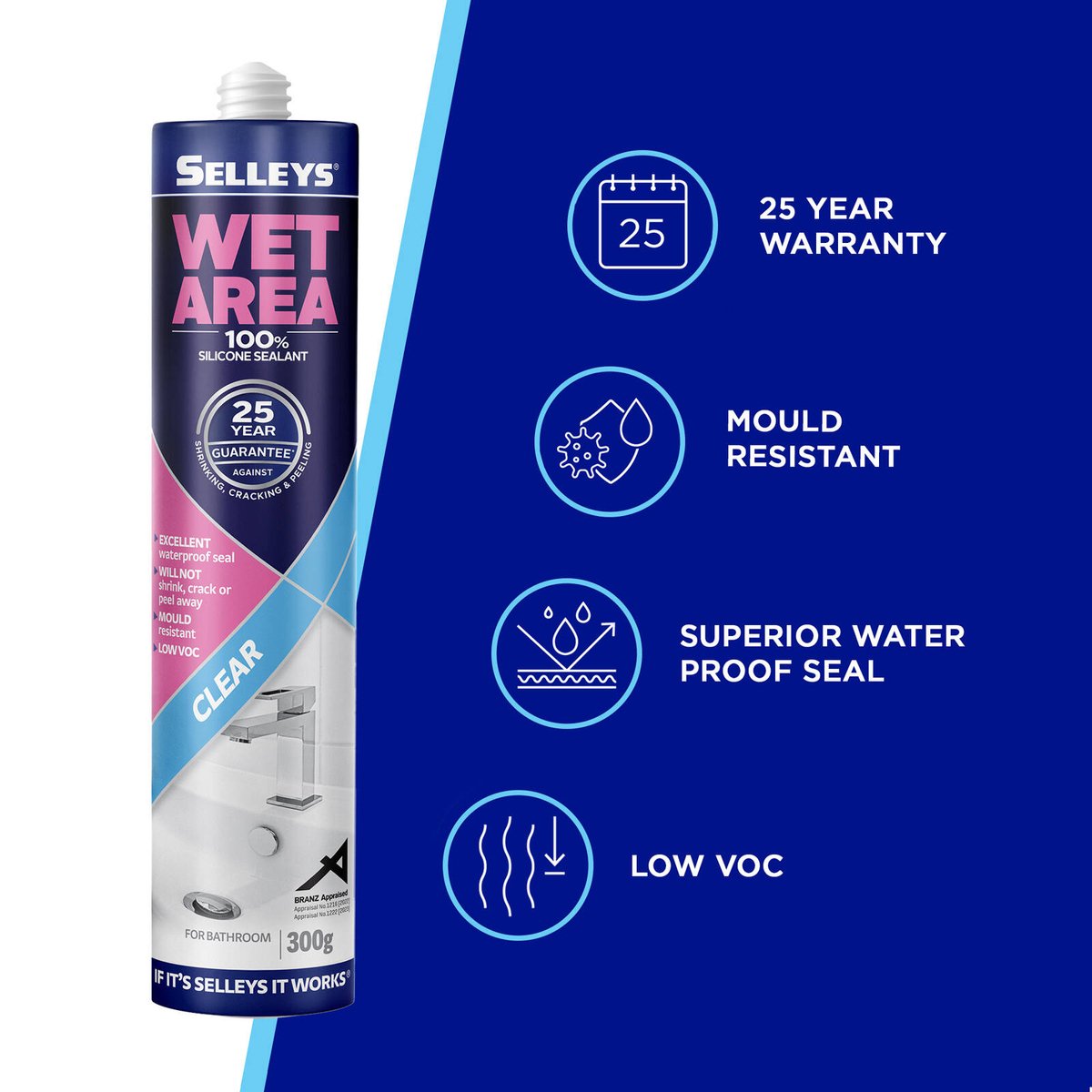 Selleys Wet Area Waterproof Silicone Sealant Clear 300g - Mould Resistant Seal for Bathrooms & Kitchens