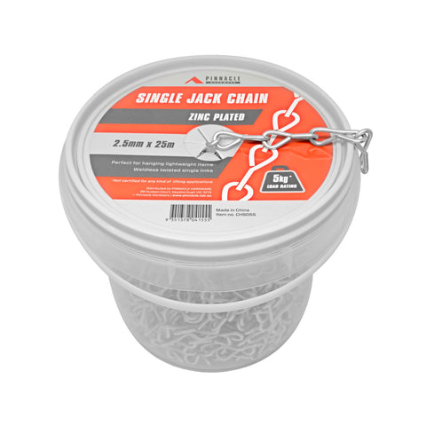 Pinnacle Hardware 2.5mm x 25m Zinc Plated Single Jack Chain 5kg Load Bulk Tub