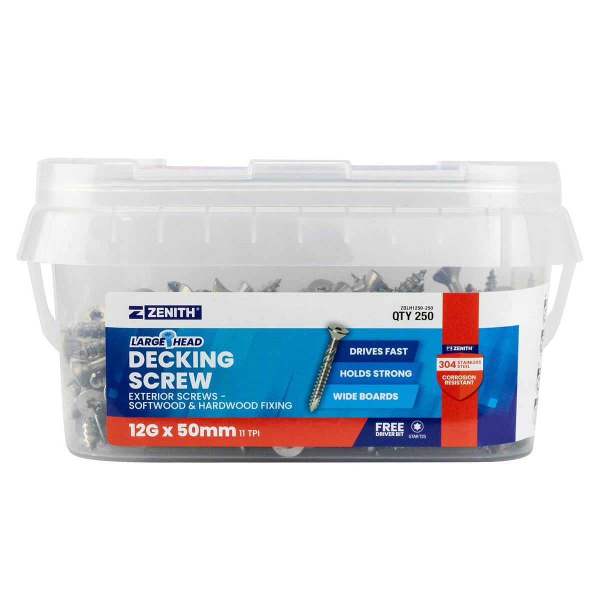 Zenith Large Head Decking Screw T25 12g x 50mm SS304 - 250 Pack - Strength & Durability - SuperSaverAU - view 1