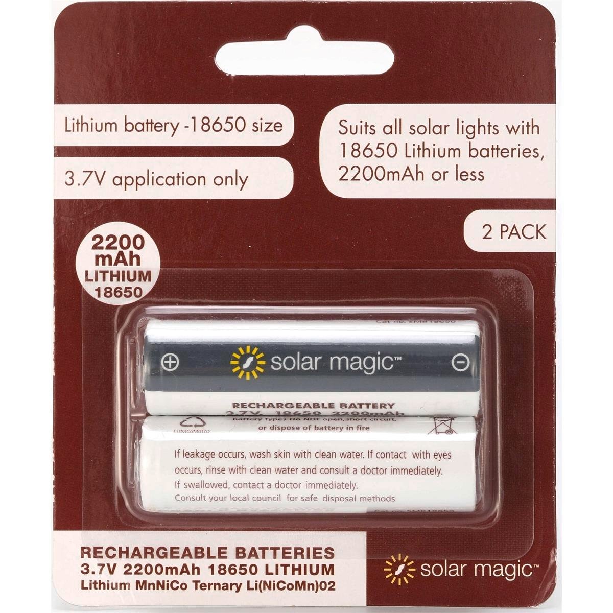 Solar Magic SMB18650 2200mAh Lithium Ion Rechargeable Batteries - 2 Pack
