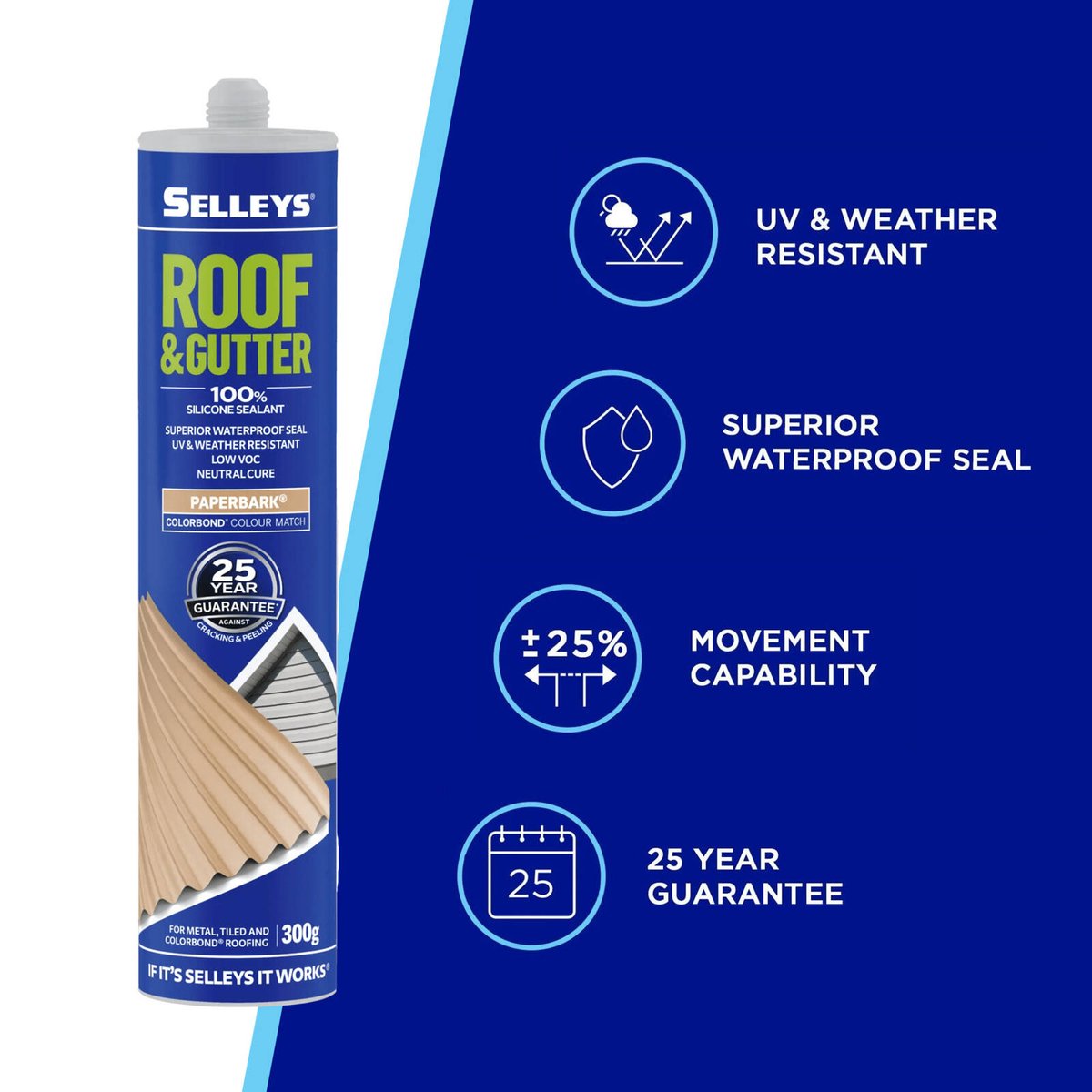 Selleys Roof and Gutter Silicone Sealant Paperbark 300g - Waterproof, UV Resistant Silicone Polymer