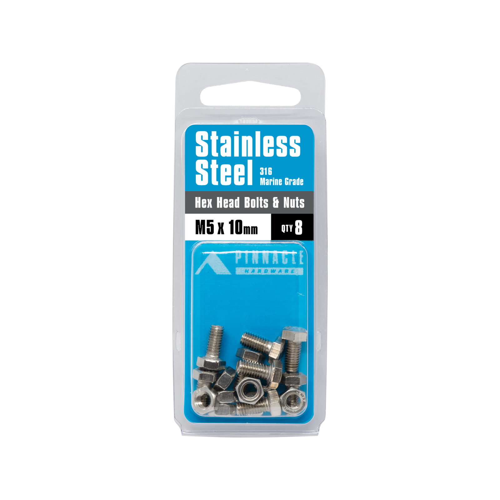 Pinnacle Hardware M5 x 10mm 316 Stainless Steel Hex Head Bolts And Nuts 8 Pack
