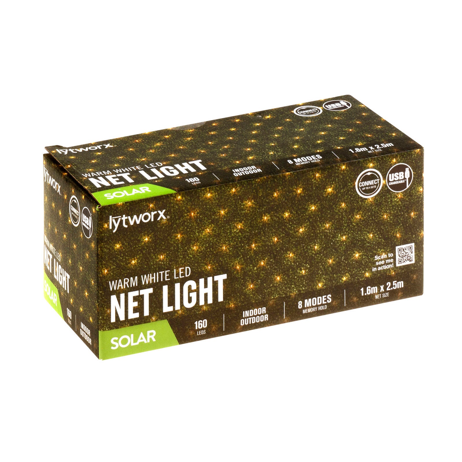 Lytworx 1.6 x 2.5m Warm White Solar Connectable Net Light, 160 LED, 8 Modes, Outdoor