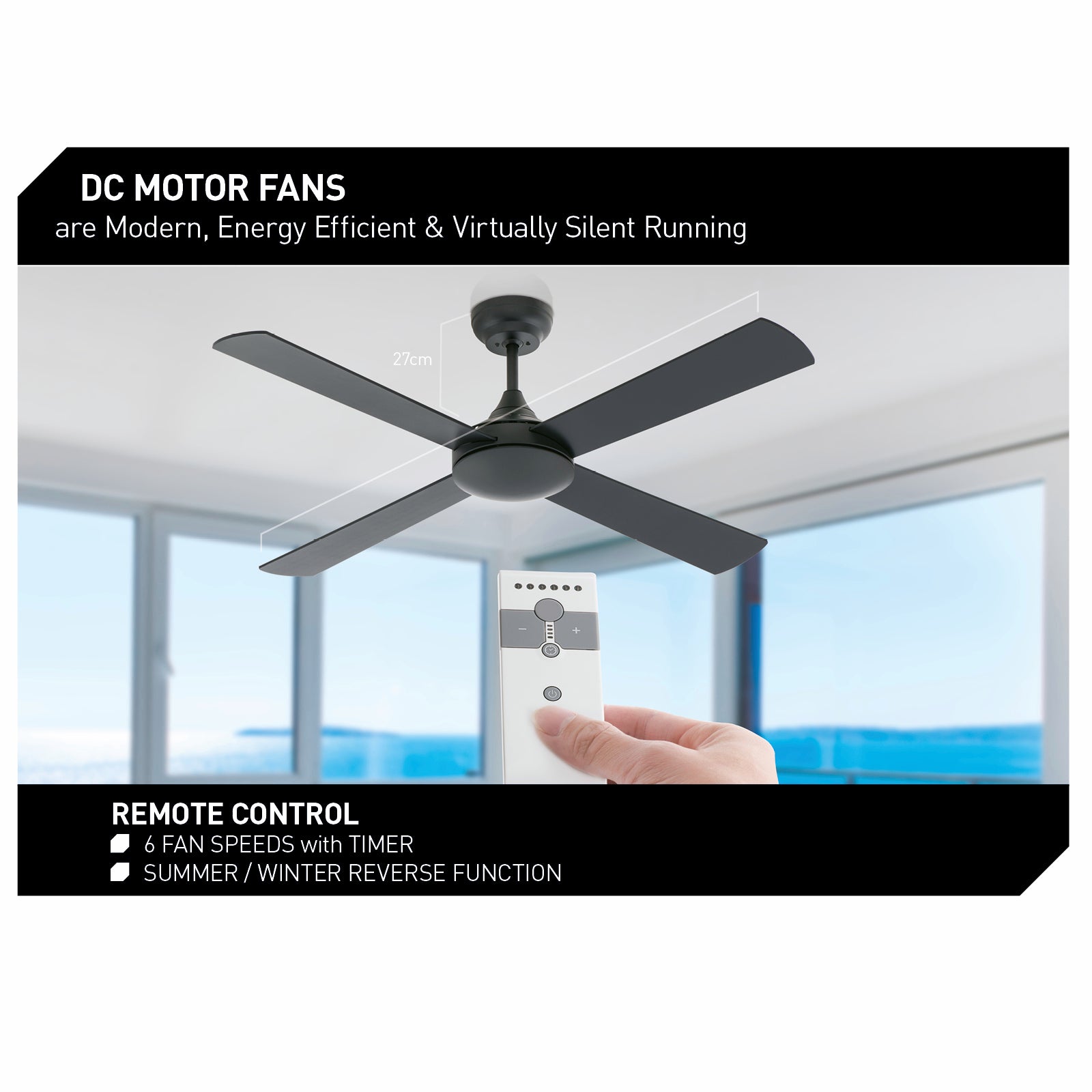 Arlec 130cm Matte Black Boston II 4 Blade Ceiling Fan - Remote, 6 Speed, 30W DC, DCF2027