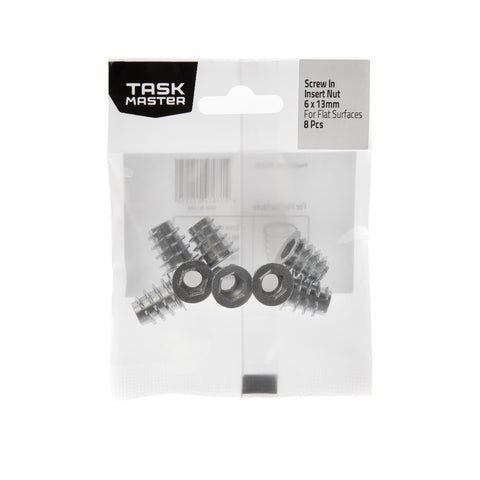 Taskmaster M6 x 13mm Metal Screw-In Insert Nut Flat Surfaces 8 Pack