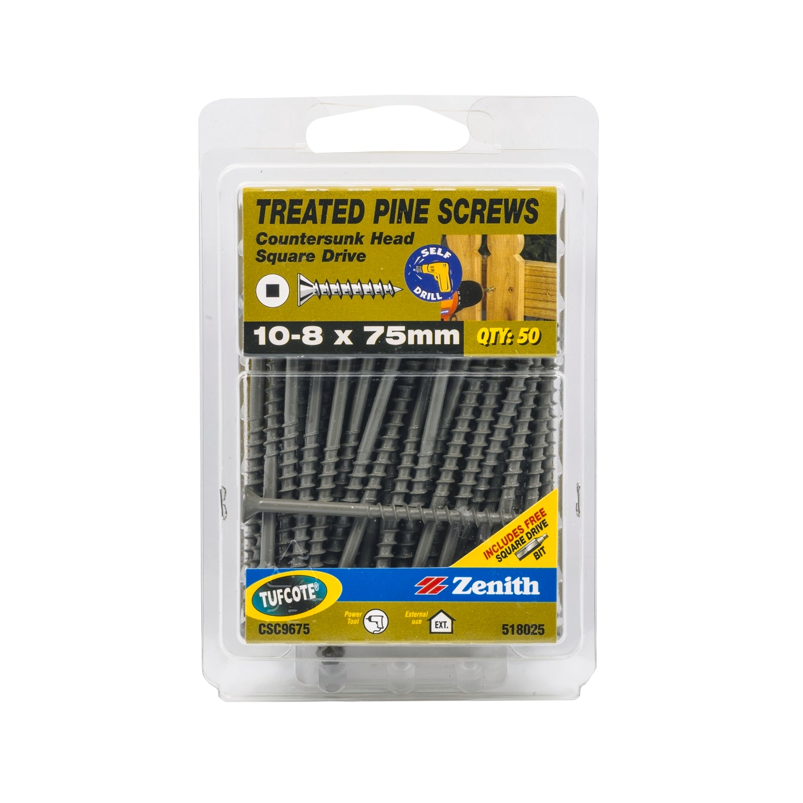 Zenith 10-8 x 75mm Tufcote Treated Pine Countersunk Screws - 50 Pack